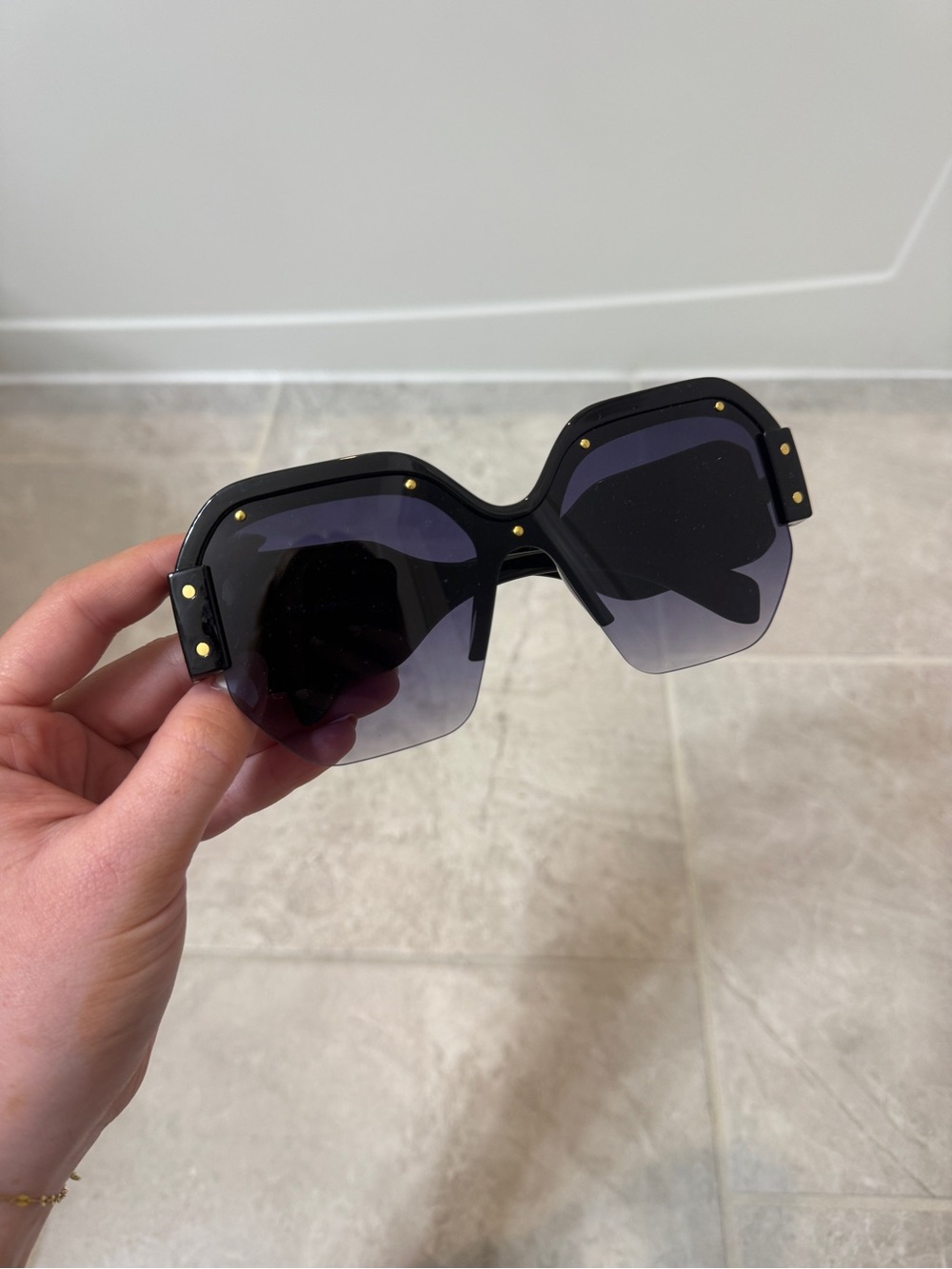 Free People Black Oversized Hexagonal Sunglasses with Gold Studs